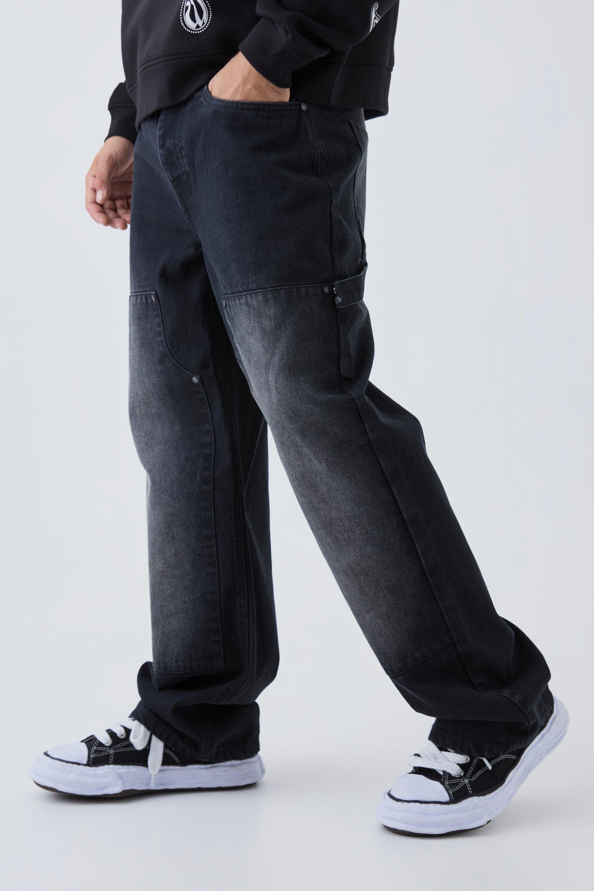 Mens Black Relaxed Fit Carpenter Washed Jeans, Black